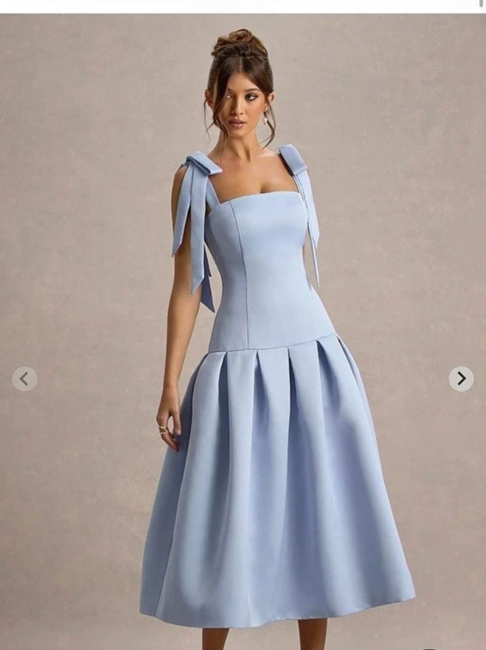 Club London Alberta Powder Blue Satin Square-Neck Midi Dress With Bow Size US 4
